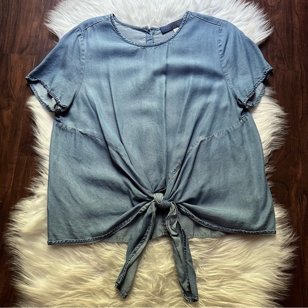 Blue Rain Chambray Top with Tie-Waist Closure